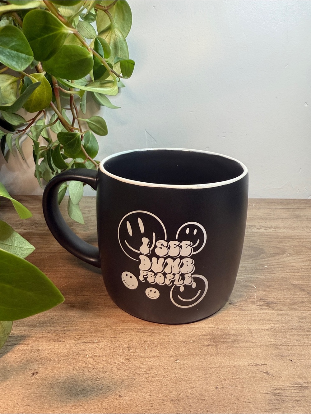 Matte Black “I See Dumb People” Funny Ceramic Coffee Mug with Smileys